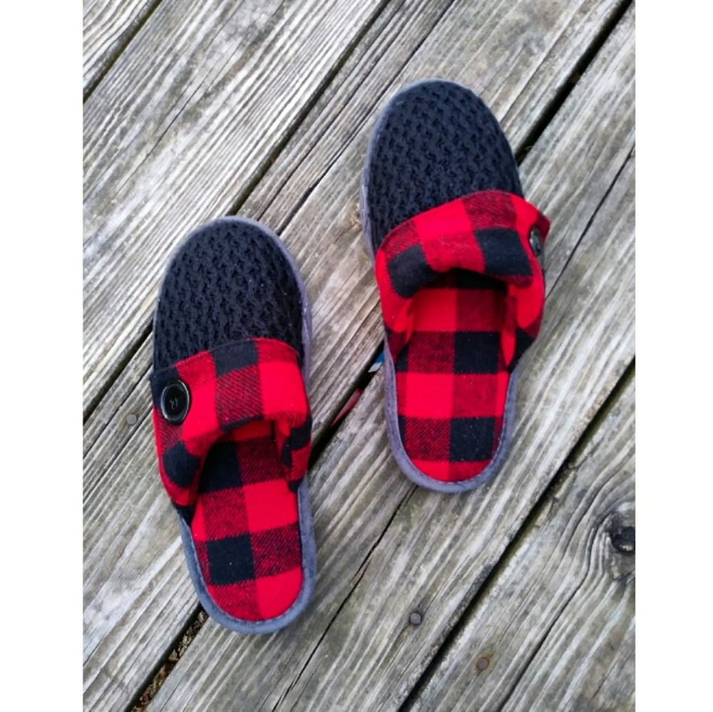Comfortable red and black plaid slippers!